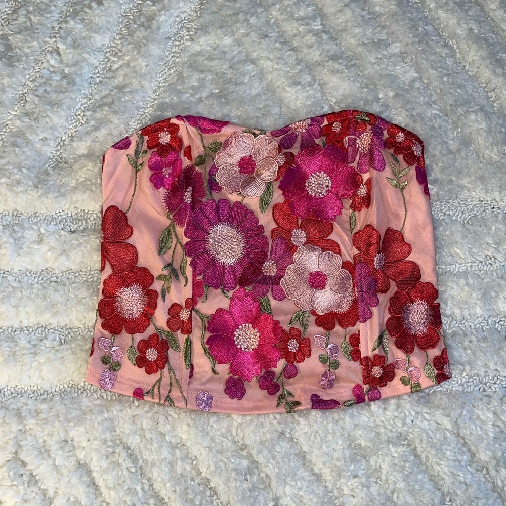 New York & Company Pink Floral Strapless Crop Top - Picture 4 of 6